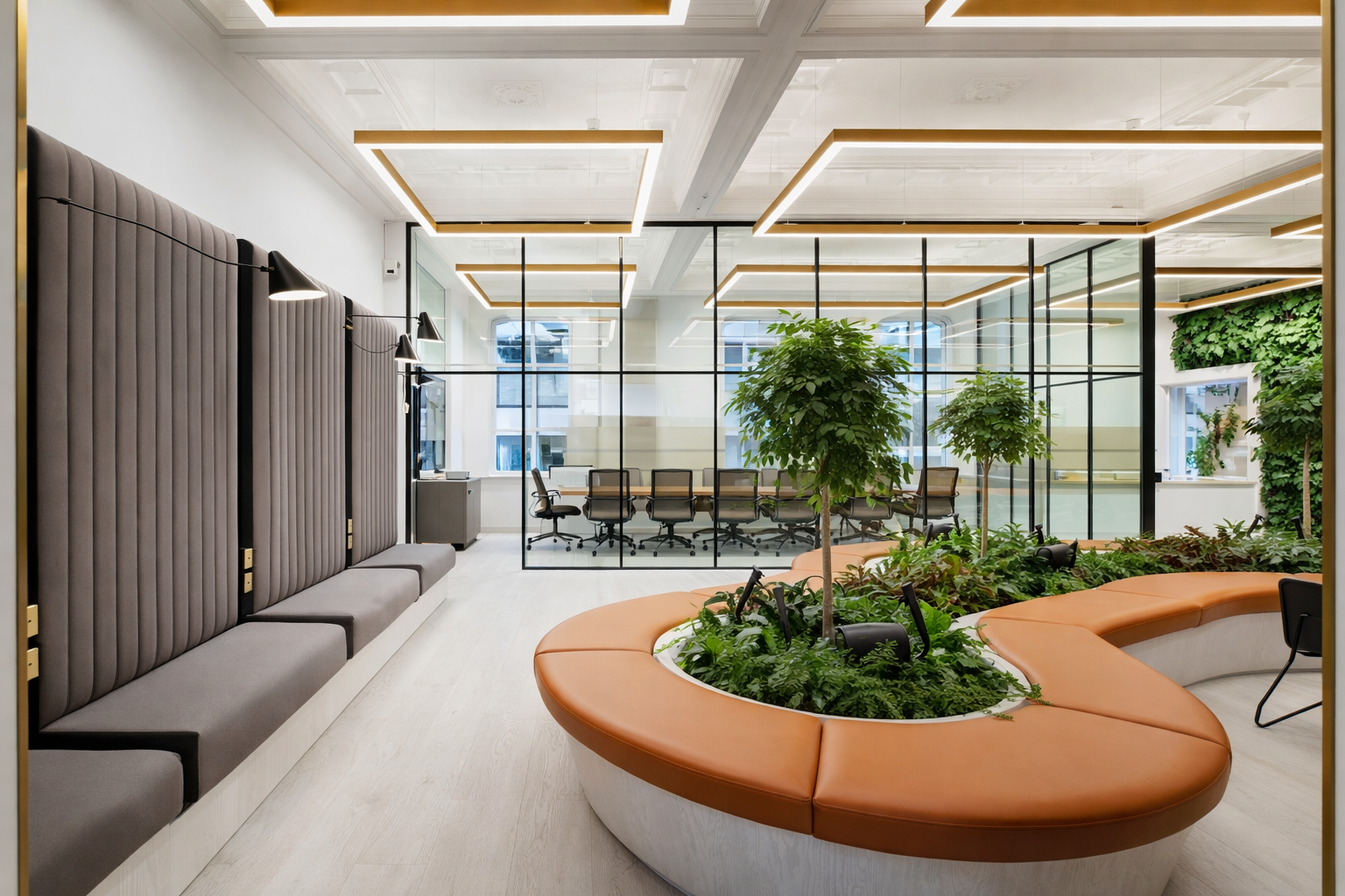 curved wood slat office space